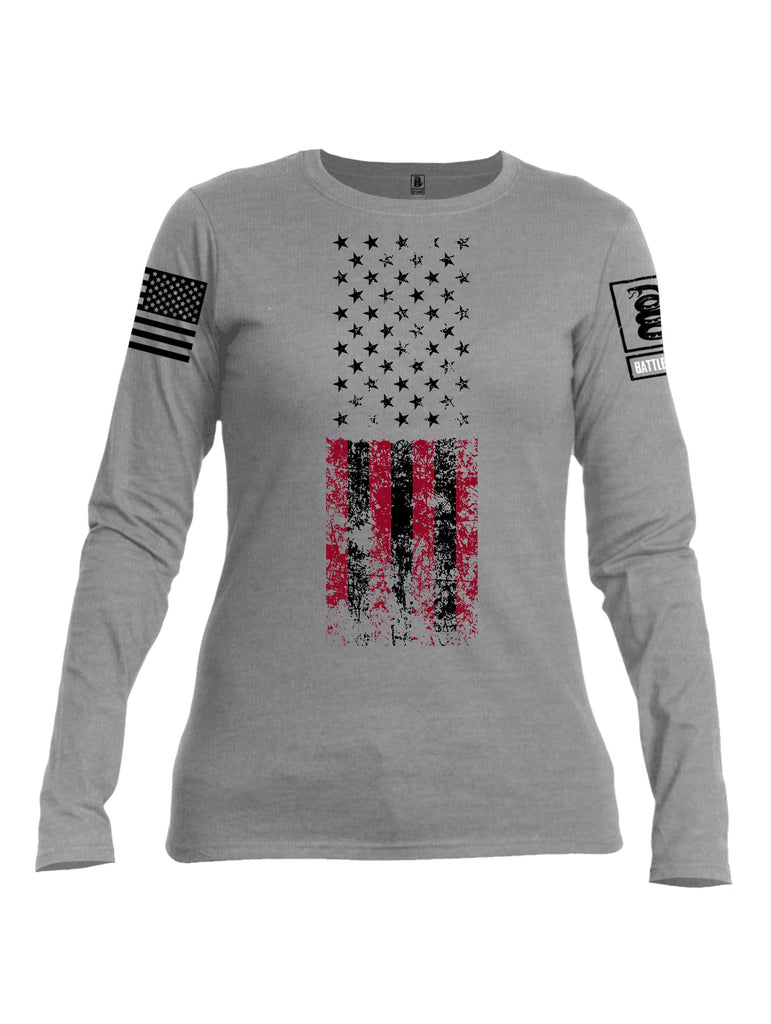 Battleraddle American Flag Grunge Black Sleeves Women Cotton Crew Neck Long Sleeve T Shirt