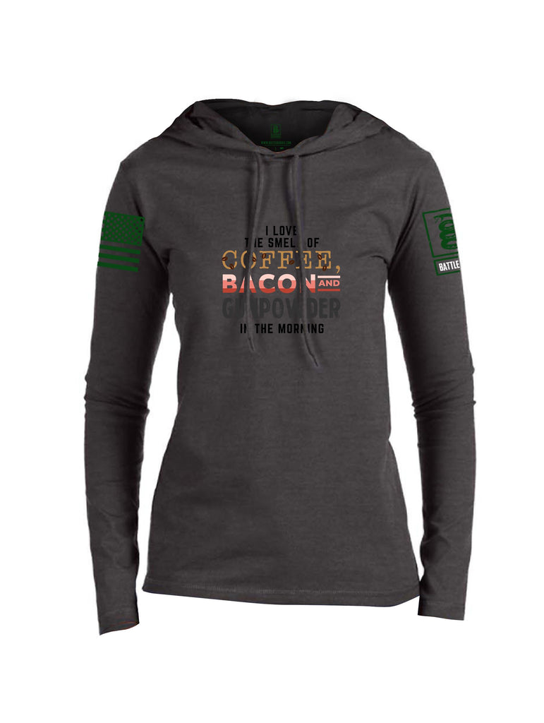 Battleraddle I Love The Smell Of Coffee, Bacon And Gunpowder In The Morning Dark Green Sleeves Women Cotton Thin Cotton Lightweight Hoodie