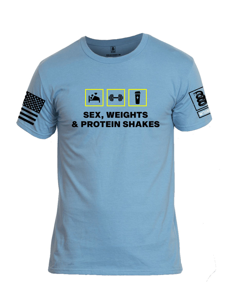 Battleraddle Sex, Weights And Protein Shakes Black Sleeves Men Cotton Crew Neck T-Shirt