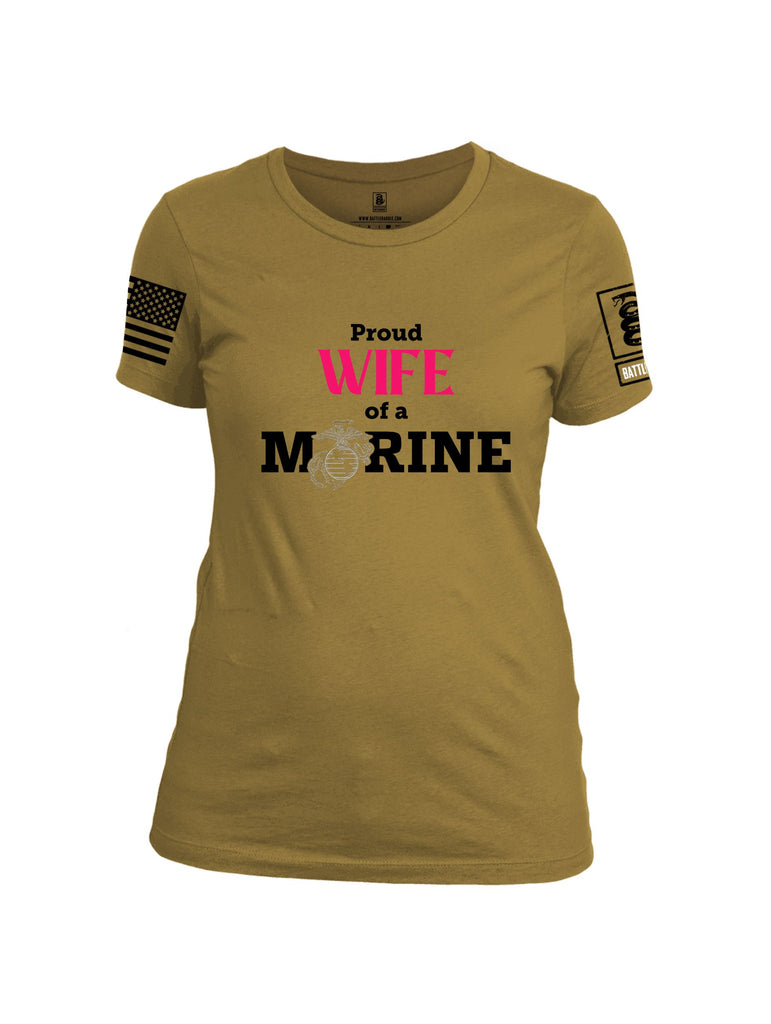Battleraddle Proud Wife Of A Marine  Black Sleeves Women Cotton Crew Neck T-Shirt
