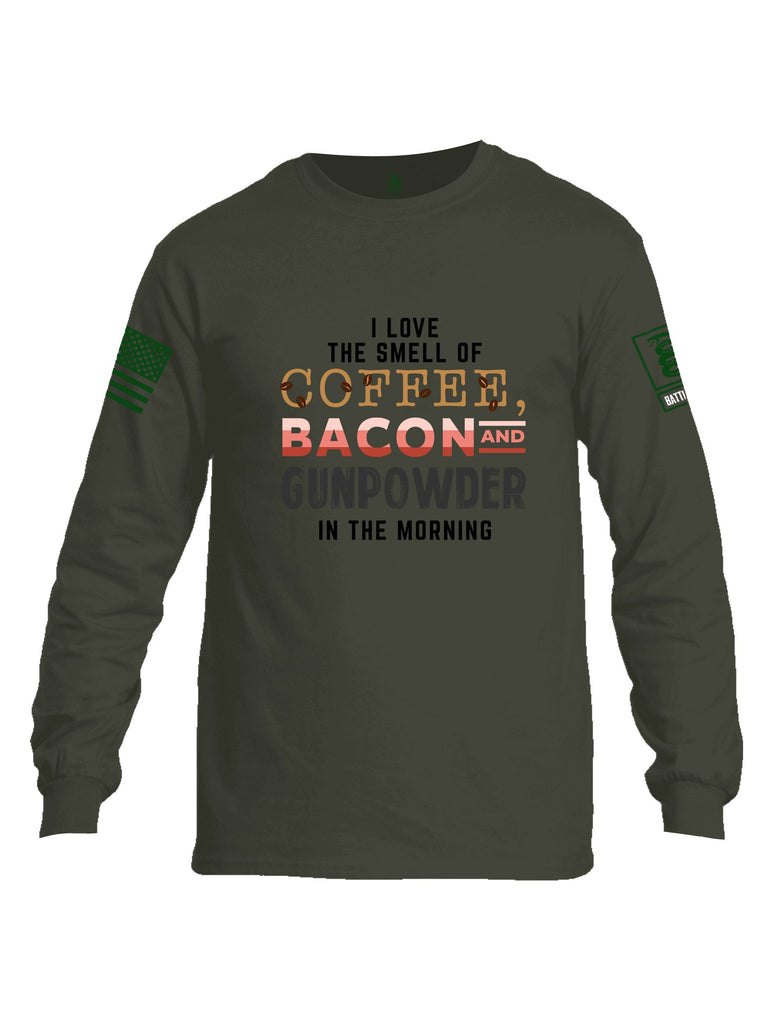 Battleraddle I Love The Smell Of Coffee, Bacon And Gunpowder In The Morning Dark Green Sleeves Men Cotton Crew Neck Long Sleeve T Shirt