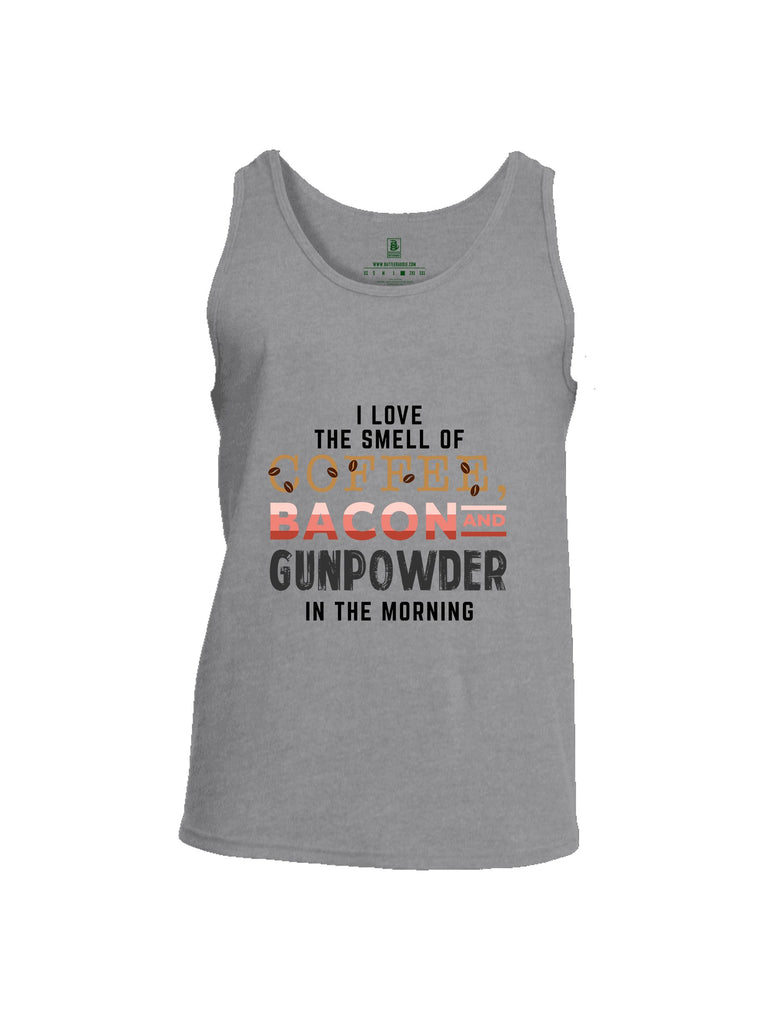 Battleraddle I Love The Smell Of Coffee, Bacon And Gunpowder In The Morning Dark Green Sleeves Men Cotton Cotton Tank Top