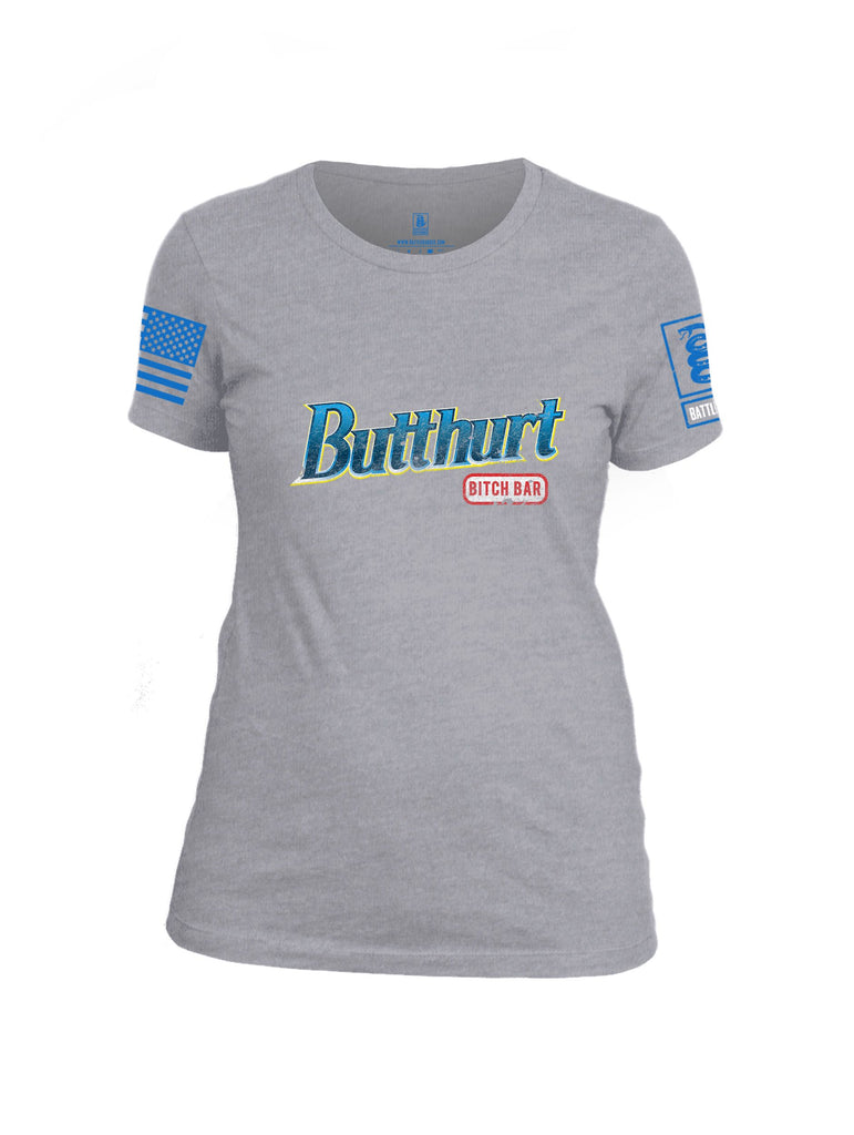 Battleraddle Butthurt Bitch Bar  Mid Blue Sleeves Women Cotton Crew Neck T-Shirt