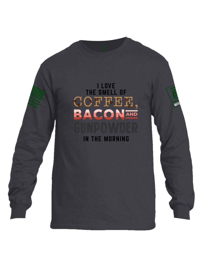 Battleraddle I Love The Smell Of Coffee, Bacon And Gunpowder In The Morning Dark Green Sleeves Men Cotton Crew Neck Long Sleeve T Shirt