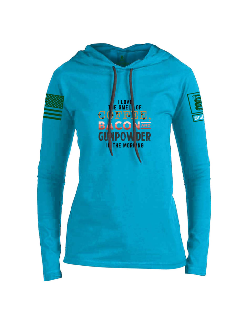 Battleraddle I Love The Smell Of Coffee, Bacon And Gunpowder In The Morning Dark Green Sleeves Women Cotton Thin Cotton Lightweight Hoodie