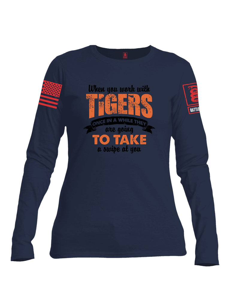 Battleraddle When You Work With Tigers Red Sleeves Women Cotton Crew Neck Long Sleeve T Shirt