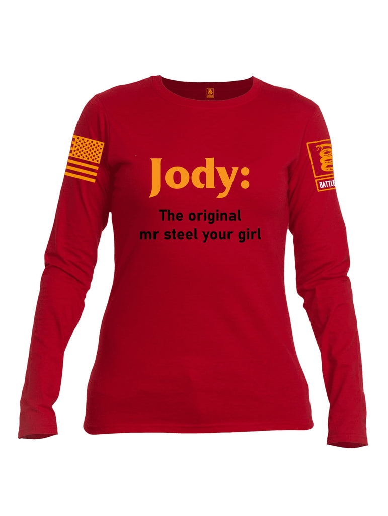 Battleraddle Jody The Original Mr Steel Your Girl Orange Sleeves Women Cotton Crew Neck Long Sleeve T Shirt