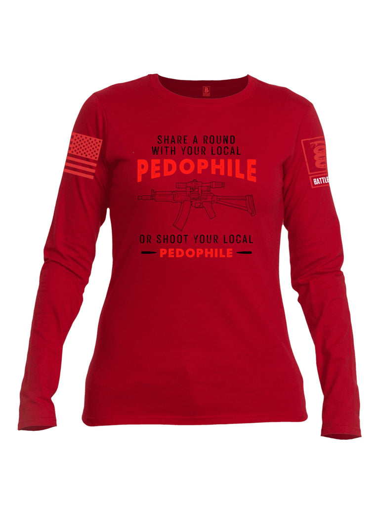 Battleraddle Share A Round With Your Local Pedophile  Red Sleeves Women Cotton Crew Neck Long Sleeve T Shirt