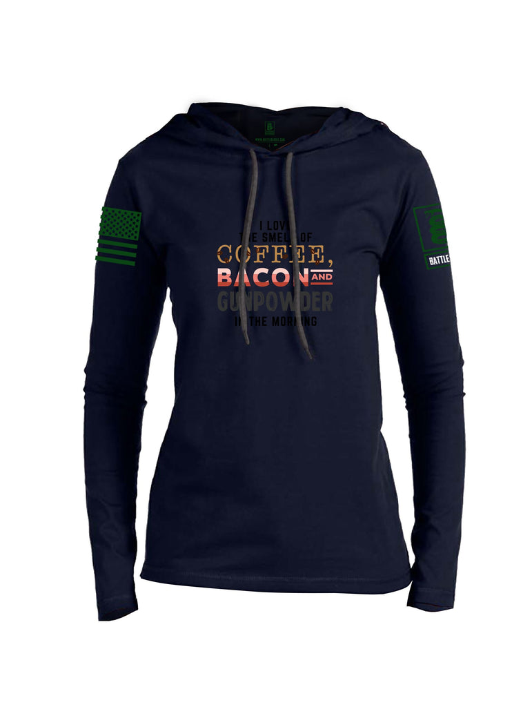 Battleraddle I Love The Smell Of Coffee, Bacon And Gunpowder In The Morning Dark Green Sleeves Women Cotton Thin Cotton Lightweight Hoodie