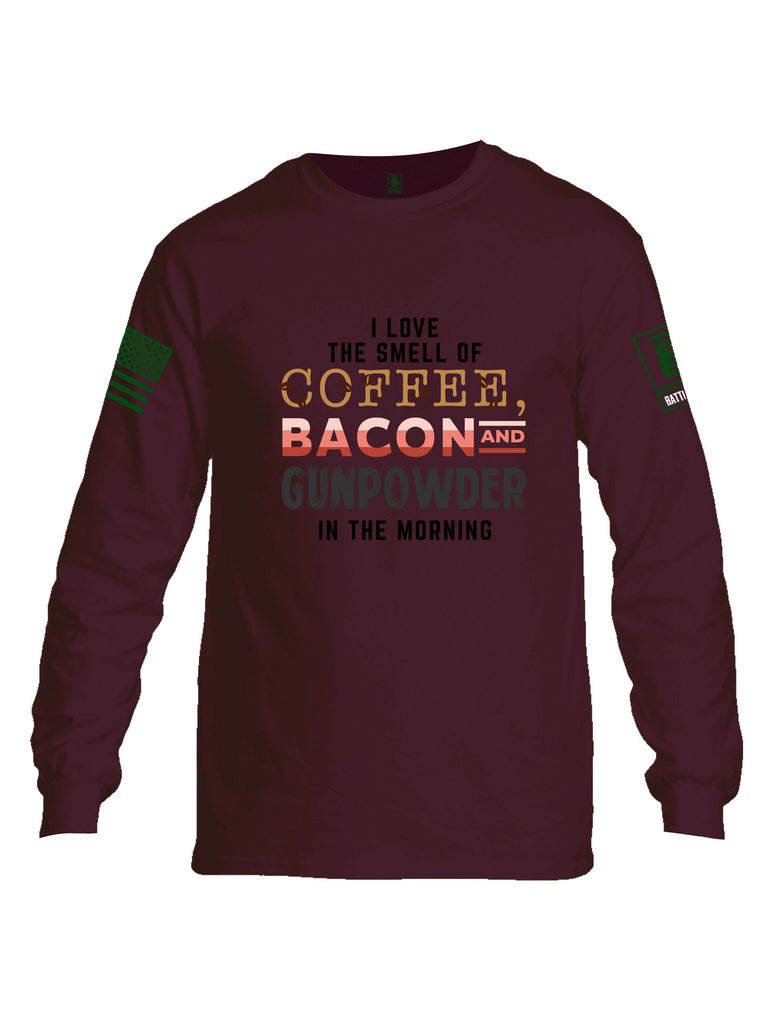 Battleraddle I Love The Smell Of Coffee, Bacon And Gunpowder In The Morning Dark Green Sleeves Men Cotton Crew Neck Long Sleeve T Shirt