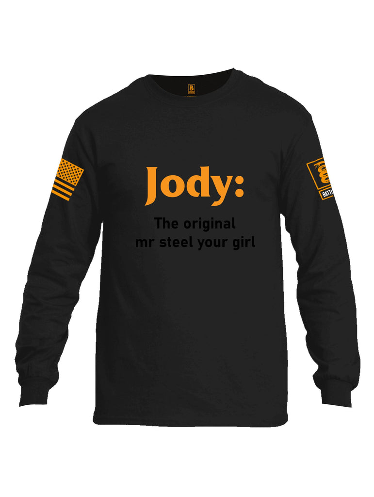 Battleraddle Jody The Original Mr Steel Your Girl Orange Sleeves Men Cotton Crew Neck Long Sleeve T Shirt