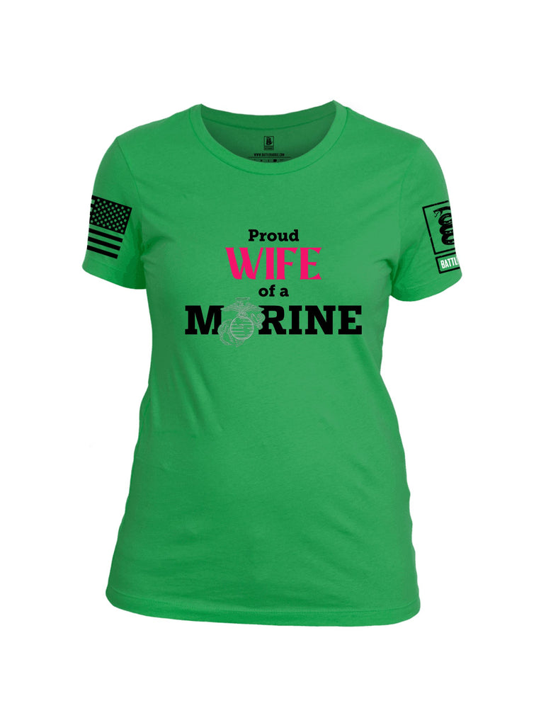 Battleraddle Proud Wife Of A Marine  Black Sleeves Women Cotton Crew Neck T-Shirt