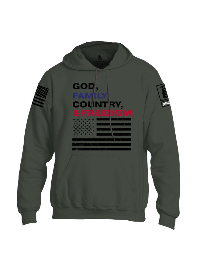 Battleraddle God, Family, Country, & Freedom Black Sleeves Uni Cotton Blended Hoodie With Pockets