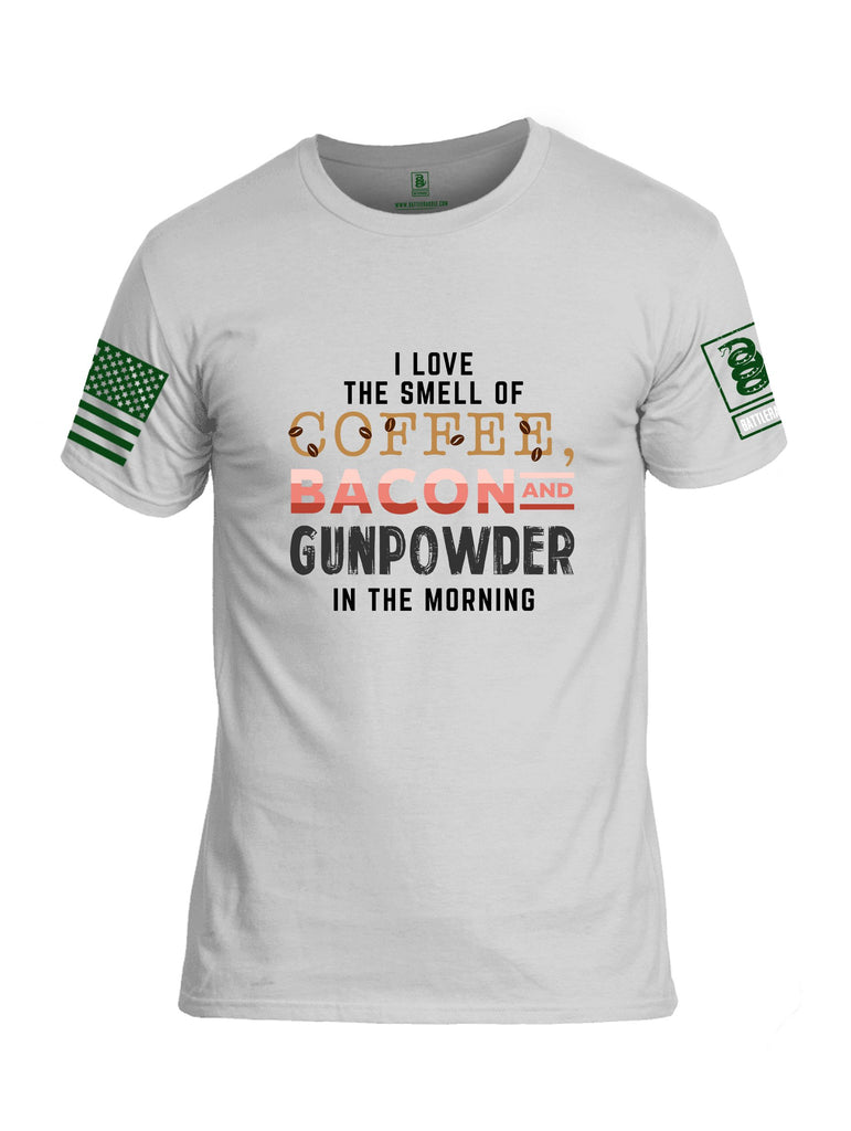 Battleraddle I Love The Smell Of Coffee, Bacon And Gunpowder In The Morning Dark Green Sleeves Men Cotton Crew Neck T-Shirt