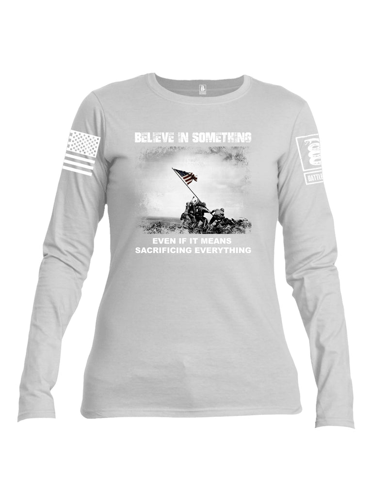 Battleraddle Believe In Something  White Sleeves Women Cotton Crew Neck Long Sleeve T Shirt