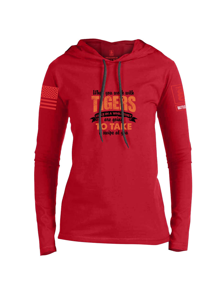 Battleraddle When You Work With Tigers Red Sleeves Women Cotton Thin Cotton Lightweight Hoodie