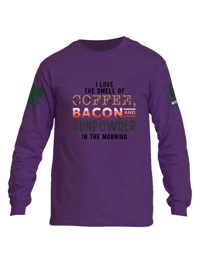 Battleraddle I Love The Smell Of Coffee, Bacon And Gunpowder In The Morning Dark Green Sleeves Men Cotton Crew Neck Long Sleeve T Shirt