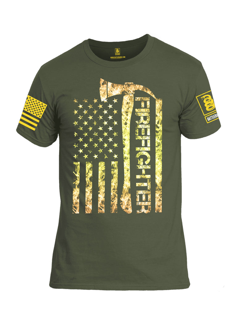 Battleraddle Firefighter Yellow Axe Flag Men Cotton Crew Neck T-Shirt