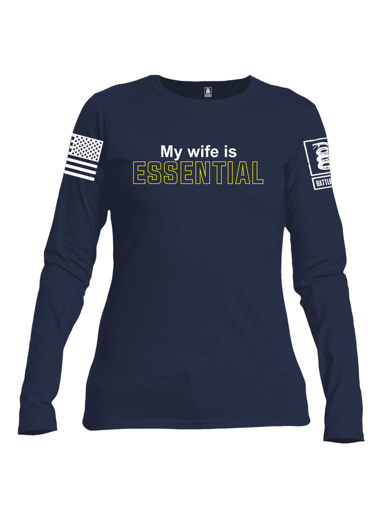 Battleraddle My Wife Is Essential {sleeve_color} Sleeves Women Cotton Crew Neck Long Sleeve T Shirt