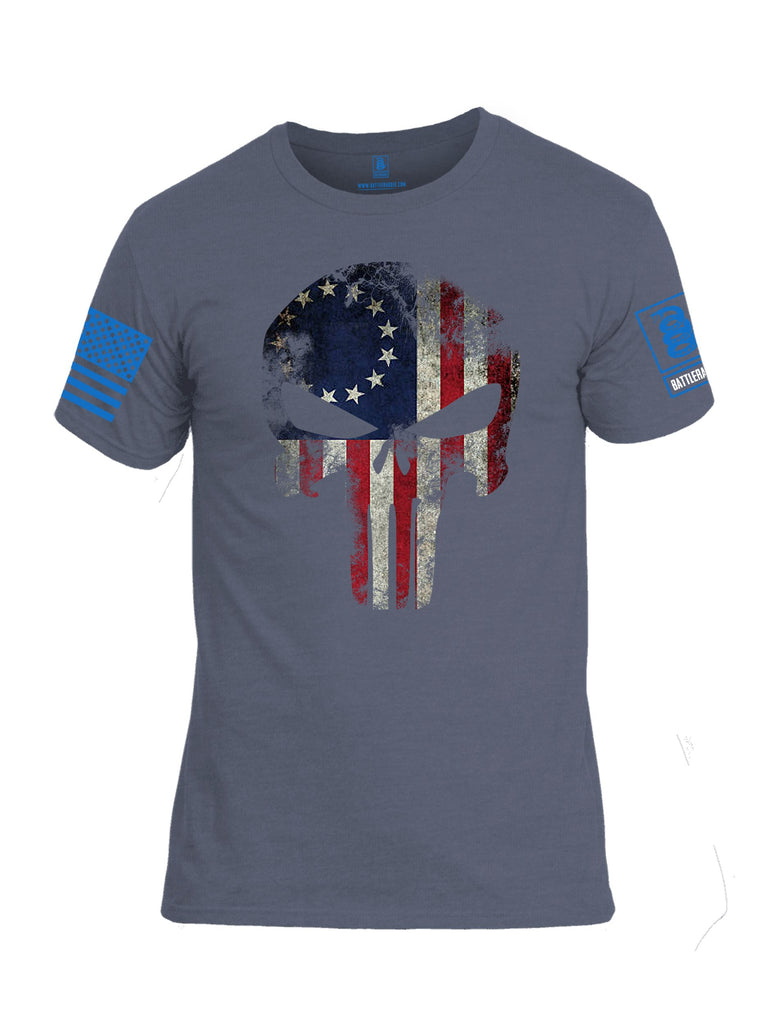 Battleraddle Patriot Skull Usa Flag Mid Blue Sleeves Men Cotton Crew Neck T-Shirt