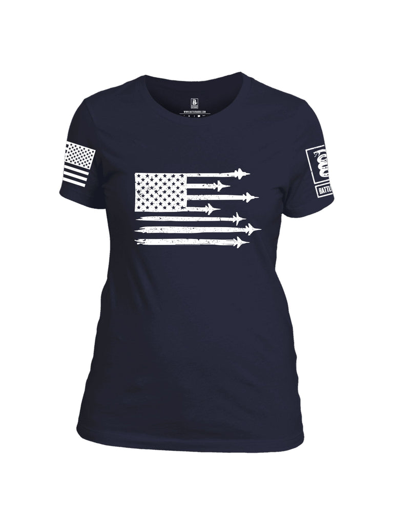 Battleraddle Usa Flag Jet Fighters White Sleeves Women Cotton Crew Neck T-Shirt