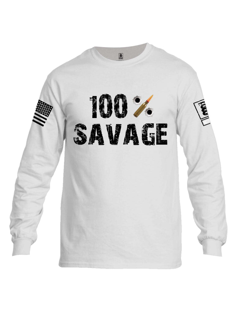 Battleraddle 100% Savage White Sleeve Print Mens Cotton Long Sleeve Crew Neck T Shirt