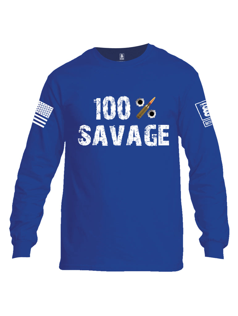 Battleraddle 100% Savage White Sleeve Print Mens Cotton Long Sleeve Crew Neck T Shirt