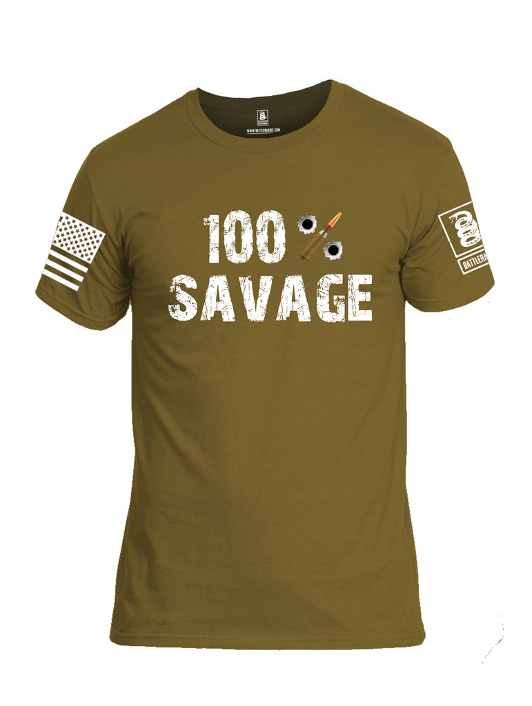 Battleraddle 100% Savage White Sleeve Print Mens Cotton Crew Neck T Shirt - Battleraddle® LLC