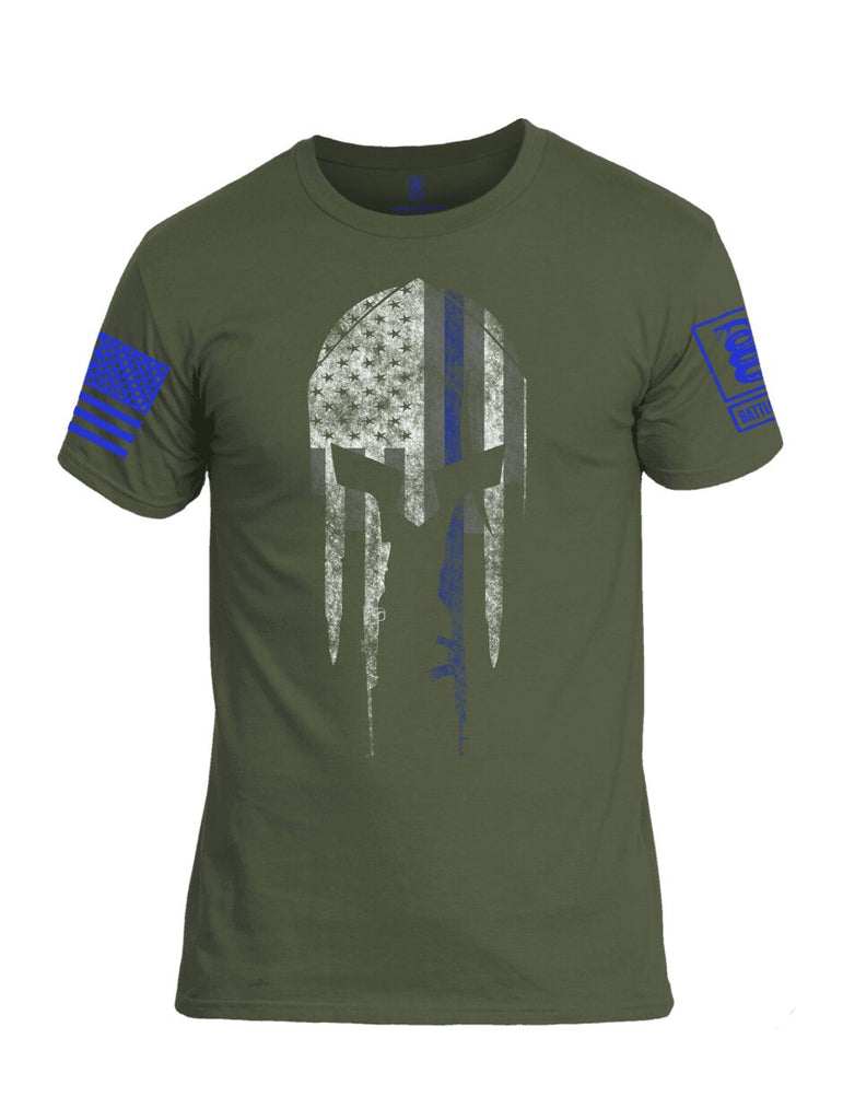 Battleraddle Spartan Blue Line Skull Blue Sleeve Print Mens Cotton Crew Neck T Shirt