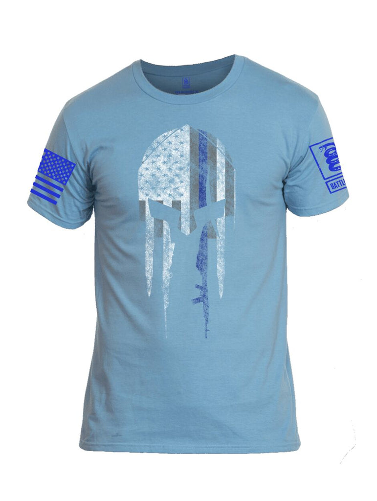 Battleraddle Spartan Blue Line Skull Blue Sleeve Print Mens Cotton Crew Neck T Shirt