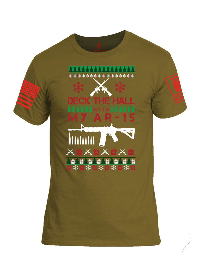 Battleraddle Deck The Hall With My AR 15 Christmas Holiday Ugly Red Sleeve Print Mens Cotton Crew Neck T Shirt