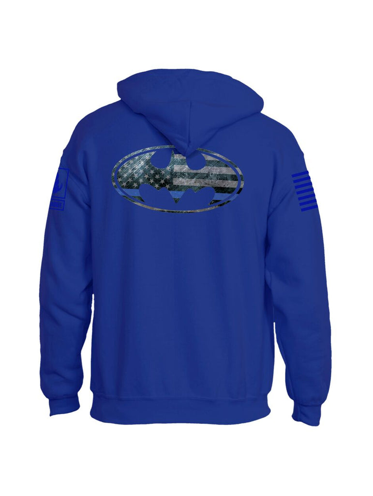 Battleraddle Super USA Flag Blue Line vs Bat Police Hero Blue Line USA Flag Blue Sleeve Print Mens Blended Hoodie With Pockets