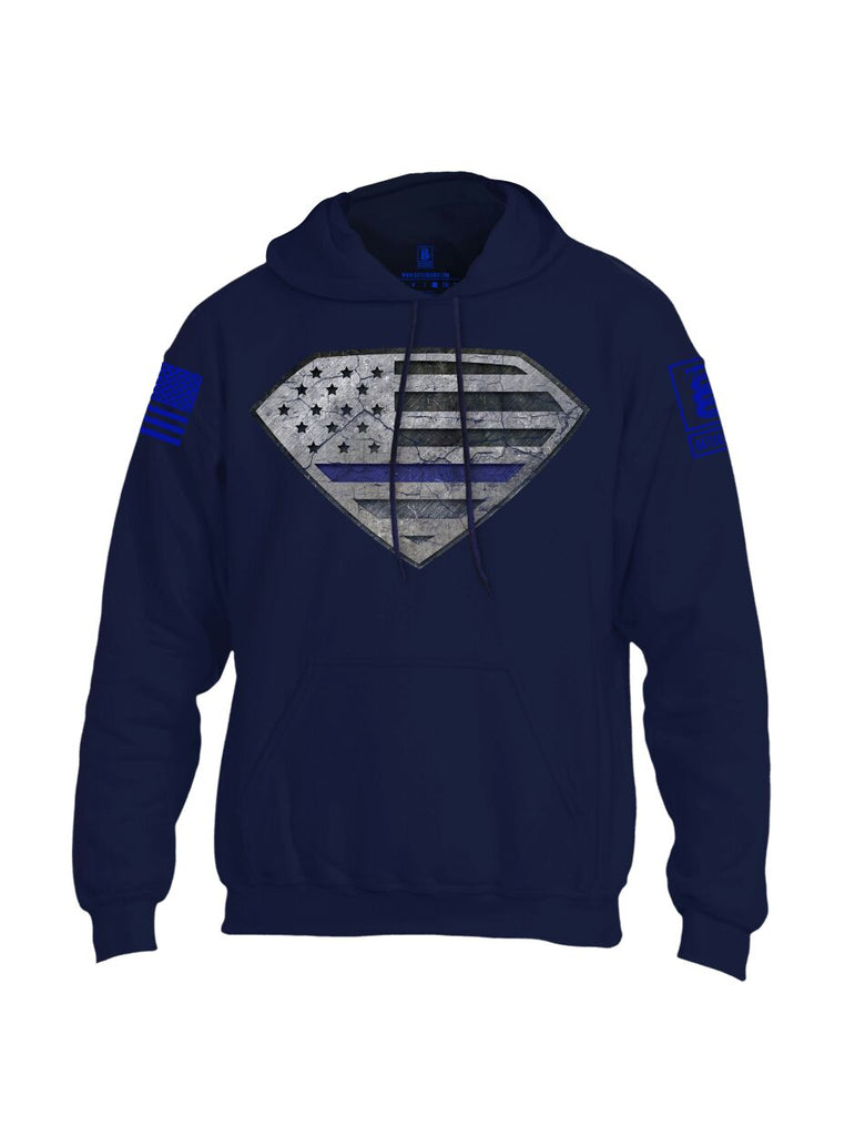 Battleraddle Super USA Flag Blue Line vs Bat Police Hero Blue Line USA Flag Blue Sleeve Print Mens Blended Hoodie With Pockets