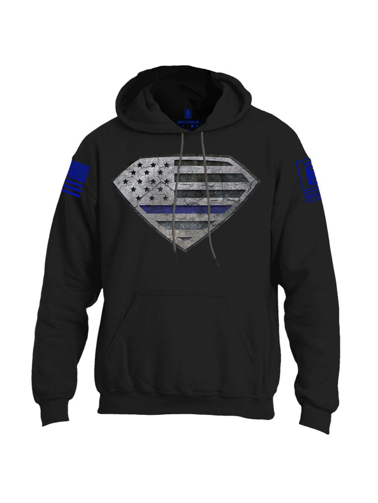 Battleraddle Super USA Flag Blue Line vs Bat Police Hero Blue Line USA Flag Blue Sleeve Print Mens Blended Hoodie With Pockets