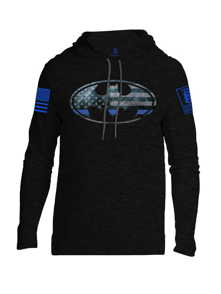 Battleraddle Bat Police Hero Blue Line USA Flag Blue Sleeve Print Mens Thin Cotton Lightweight Hoodie - Battleraddle® LLC