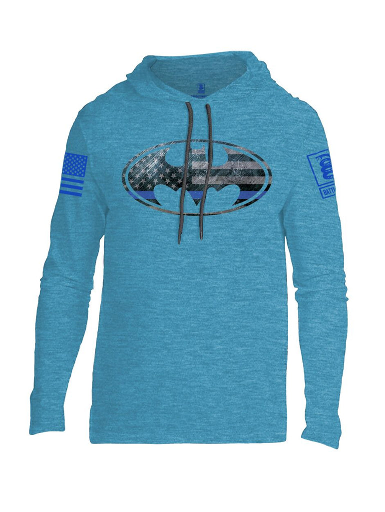 Battleraddle Bat Police Hero Blue Line USA Flag Blue Sleeve Print Mens Thin Cotton Lightweight Hoodie - Battleraddle® LLC