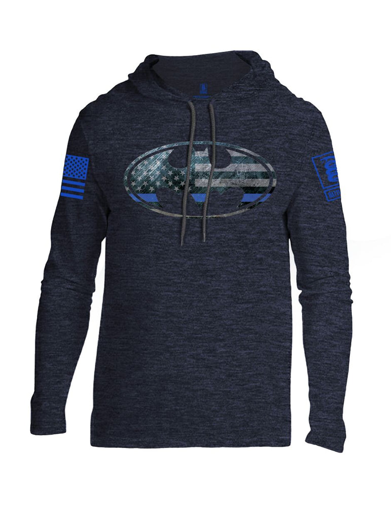 Battleraddle Bat Police Hero Blue Line USA Flag Blue Sleeve Print Mens Thin Cotton Lightweight Hoodie - Battleraddle® LLC