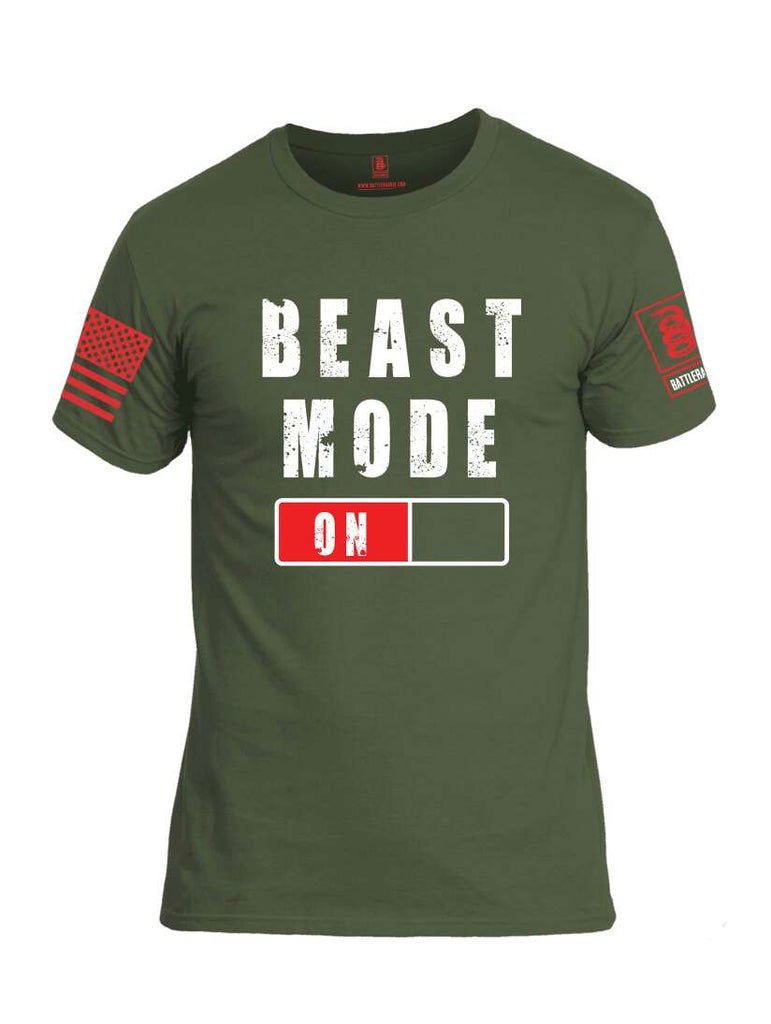 Battleraddle Beast Mode On Red Sleeve Print Mens Cotton Crew Neck T Shirt-Military Green