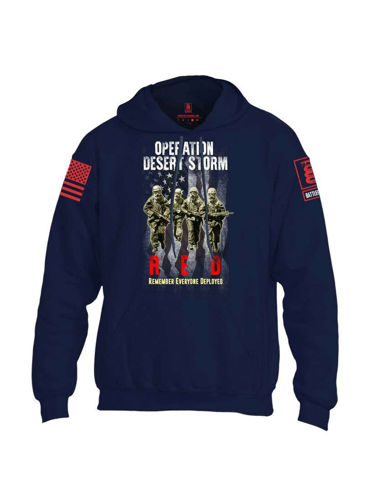 Battleraddle Operation Desert Storm RED Remember Everyone Deployed Red Sleeve Print Mens Blended Hoodie With Pockets