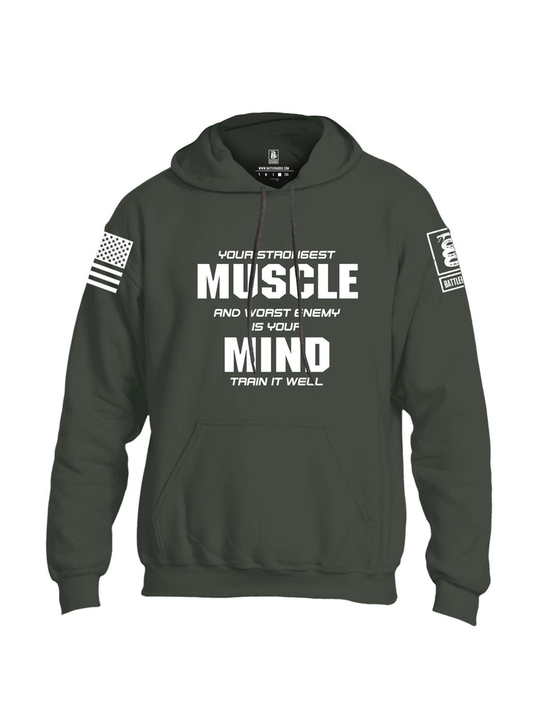 Battleraddle Your Strongest Muscle And Worst Enemy Is Your Mind Train It Well White Sleeves Uni Cotton Blended Hoodie With Pockets