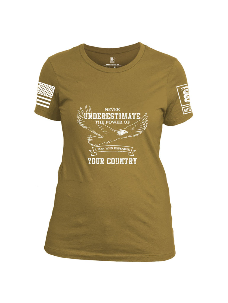 Battleraddle Never Underestimate The Power Of A Man Who Defended Your Country White Sleeves Women Cotton Crew Neck T-Shirt