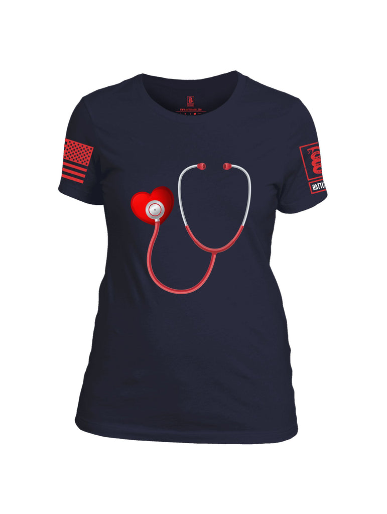 Battleraddle Heart Stethoscope Red Sleeves Women Cotton Crew Neck T-Shirt