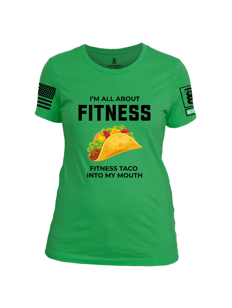 Battleraddle I'M All About Fitness Fitness Taco Into My Mouth Black Sleeves Women Cotton Crew Neck T-Shirt