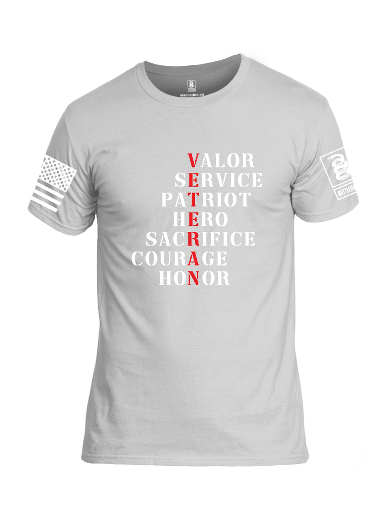 Battleraddle Veteran Valor Service Patriot Hero Sacrifice Courage Honor White Sleeves Men Cotton Crew Neck T-Shirt