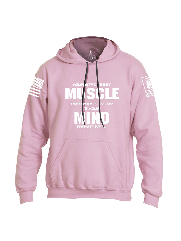 Battleraddle Your Strongest Muscle And Worst Enemy Is Your Mind Train It Well White Sleeves Uni Cotton Blended Hoodie With Pockets