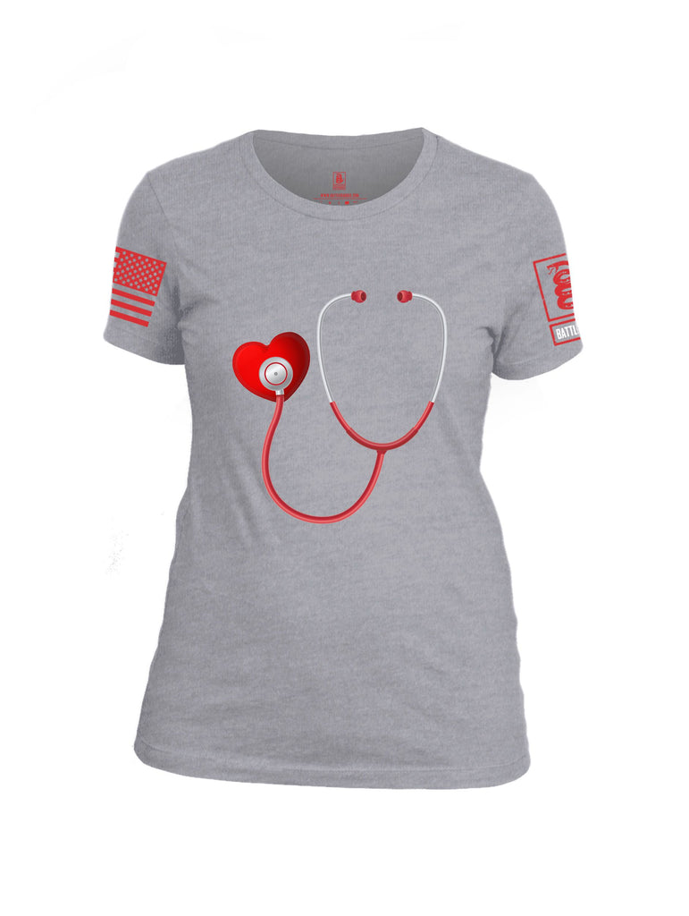 Battleraddle Heart Stethoscope Red Sleeves Women Cotton Crew Neck T-Shirt
