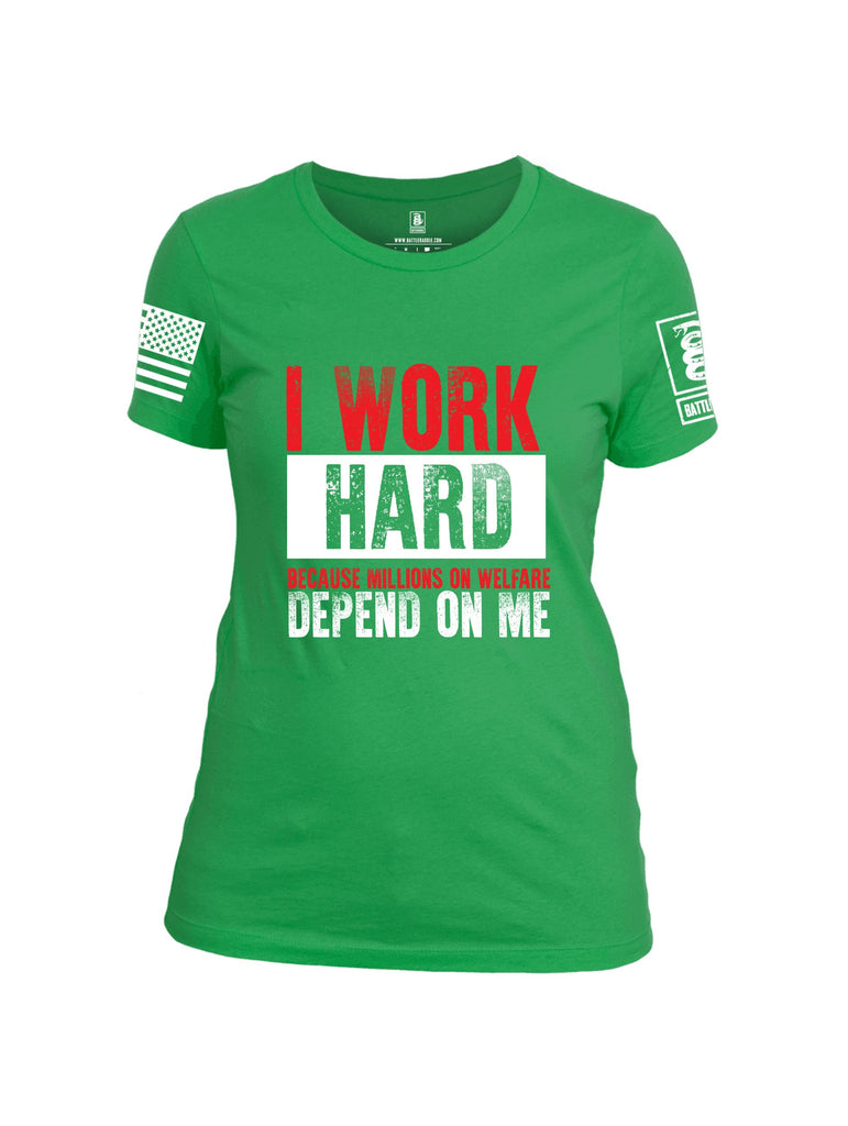 Battleraddle I Work Hard Because Millions On Welfare Depends On Me White Sleeves Women Cotton Crew Neck T-Shirt