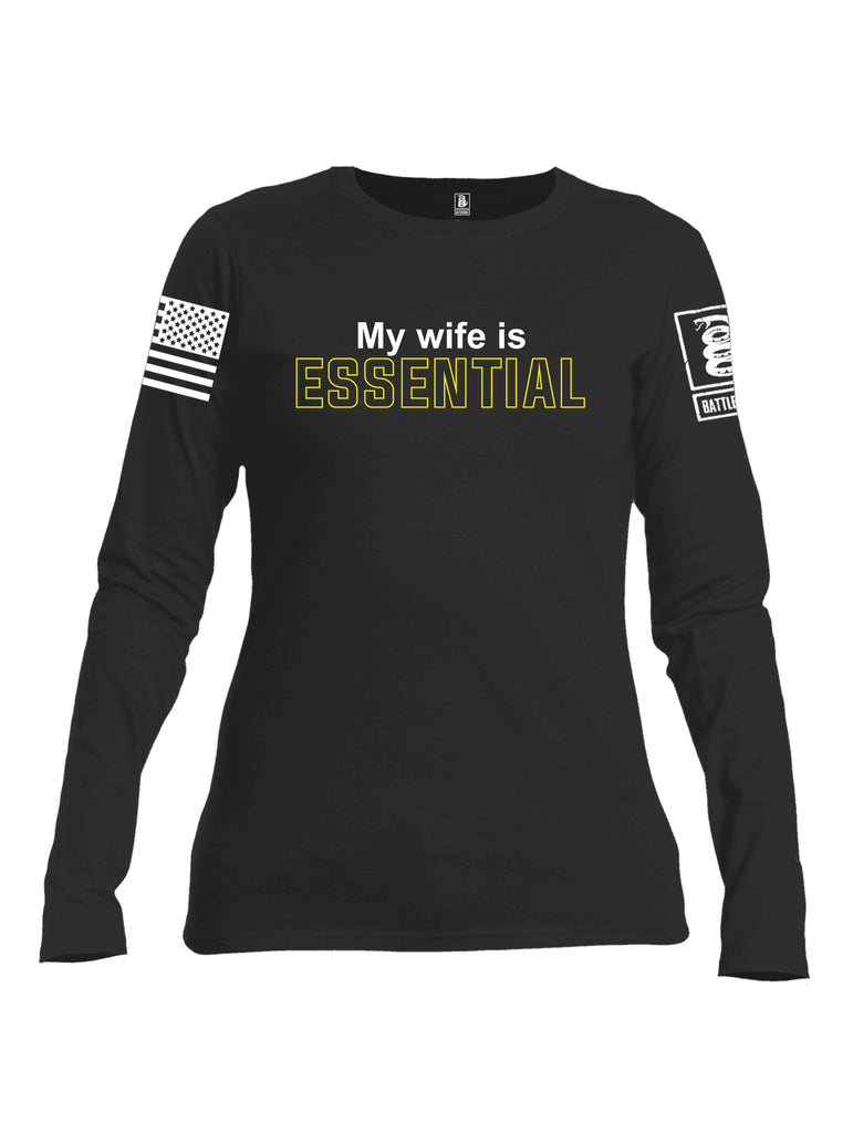 Battleraddle My Wife Is Essential {sleeve_color} Sleeves Women Cotton Crew Neck Long Sleeve T Shirt