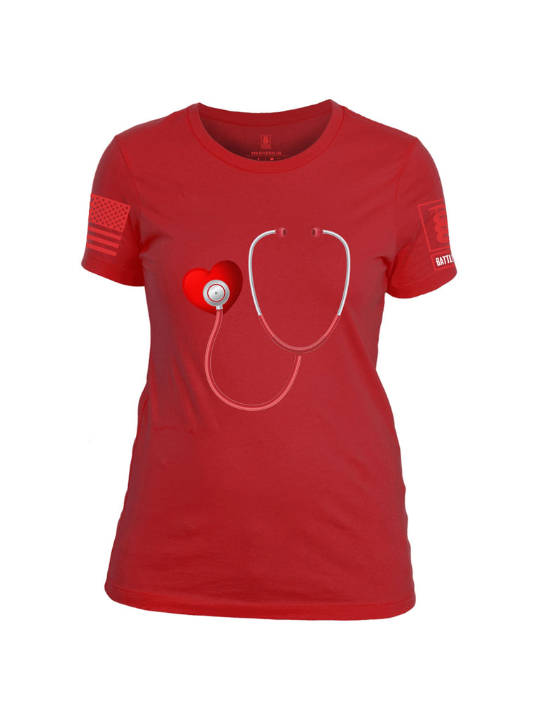 Battleraddle Heart Stethoscope Red Sleeves Women Cotton Crew Neck T-Shirt