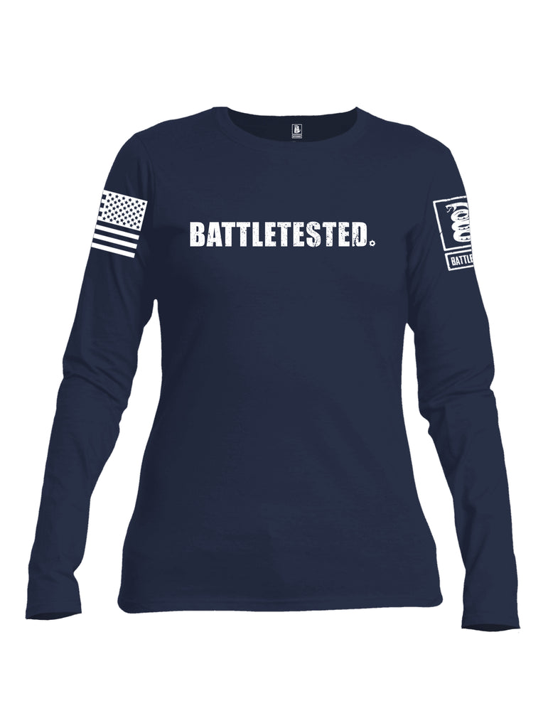 Battleraddle Battletested White {sleeve_color} Sleeves Women Cotton Crew Neck Long Sleeve T Shirt